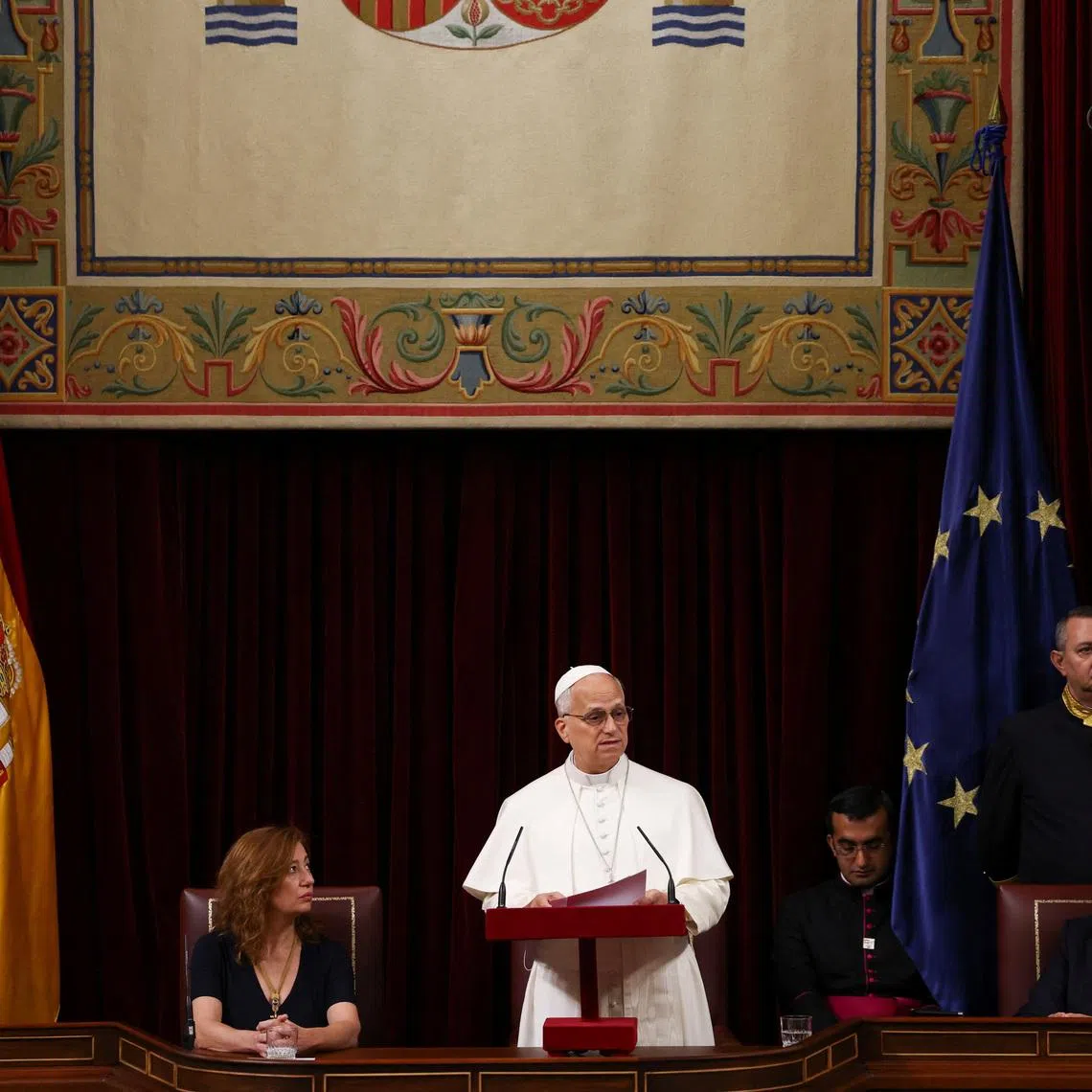 Pope Leo XIV speaks at the Spanish Parliament during his apostolic journey in Madrid, Spain, June 8, 2026. REUTERS/Yara Nardi/Pool