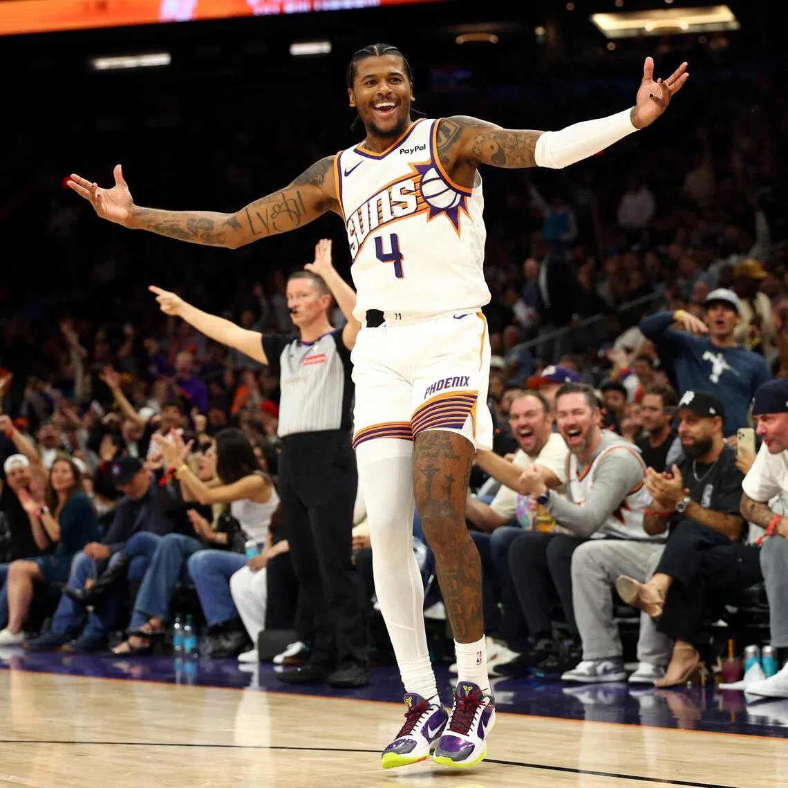 Phoenix Suns guard Jalen Green celebrating a three-pointer against the Los Angeles Clippers on Nov 6.