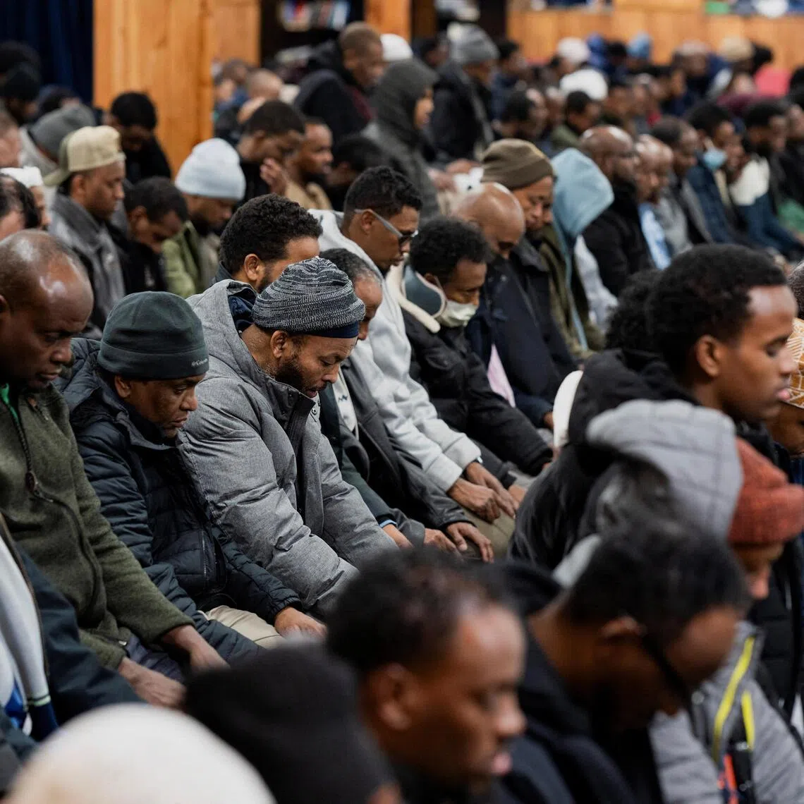 Men take part in a weekly Friday Jum’ah prayer session at Abubakar As-Saddique Islamic Centre amid a reported ongoing federal immigration operation targeting the Somali community in Minneapolis, Minnesota, on Dec 5, 2025.