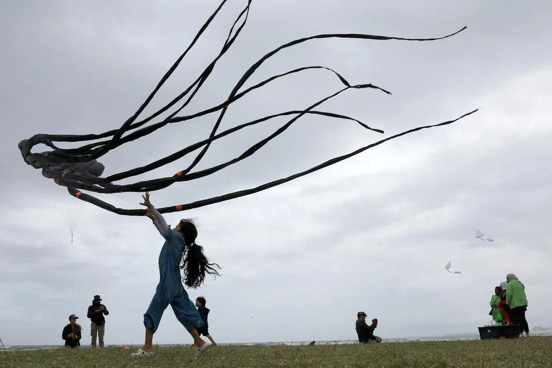 Kite enthusiasts flying colourful kites of all shapes and sizes to raise awareness for mental health, during the Cape Town Kite Festival, in South Africa, on Oct 27, 2024. 