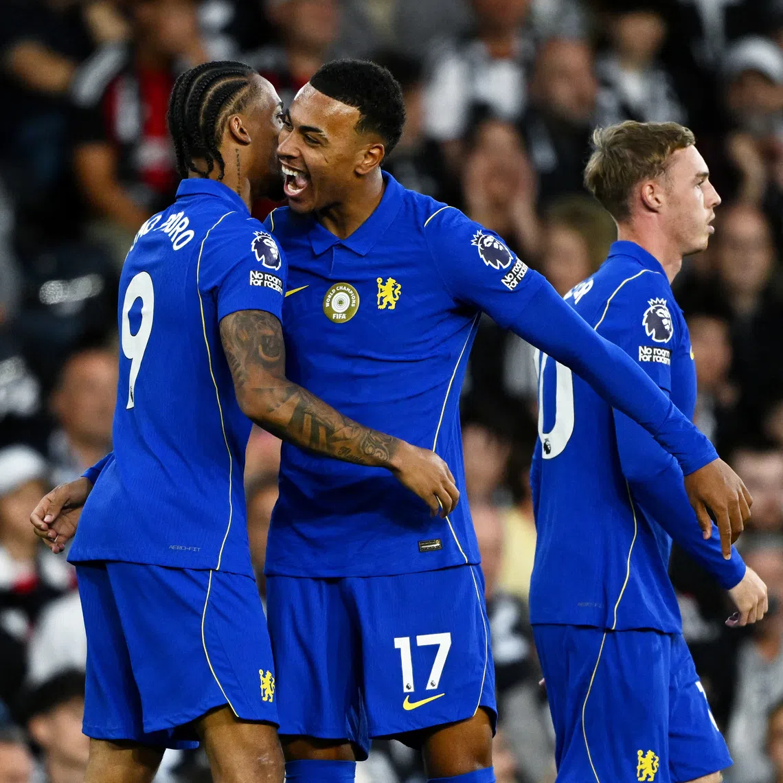 Chelsea’s Joao Pedro celebrates scoring their first goal with Morgan Rogers and Cole Palmer on Aug 24.