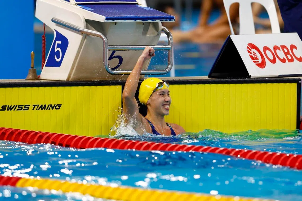 Singapore's Amanda Lim celebrates after winning the women's 50m freestyle in record time at the 2026 Singapore National Swimming Championships at the OCBC Aquatic Centre.