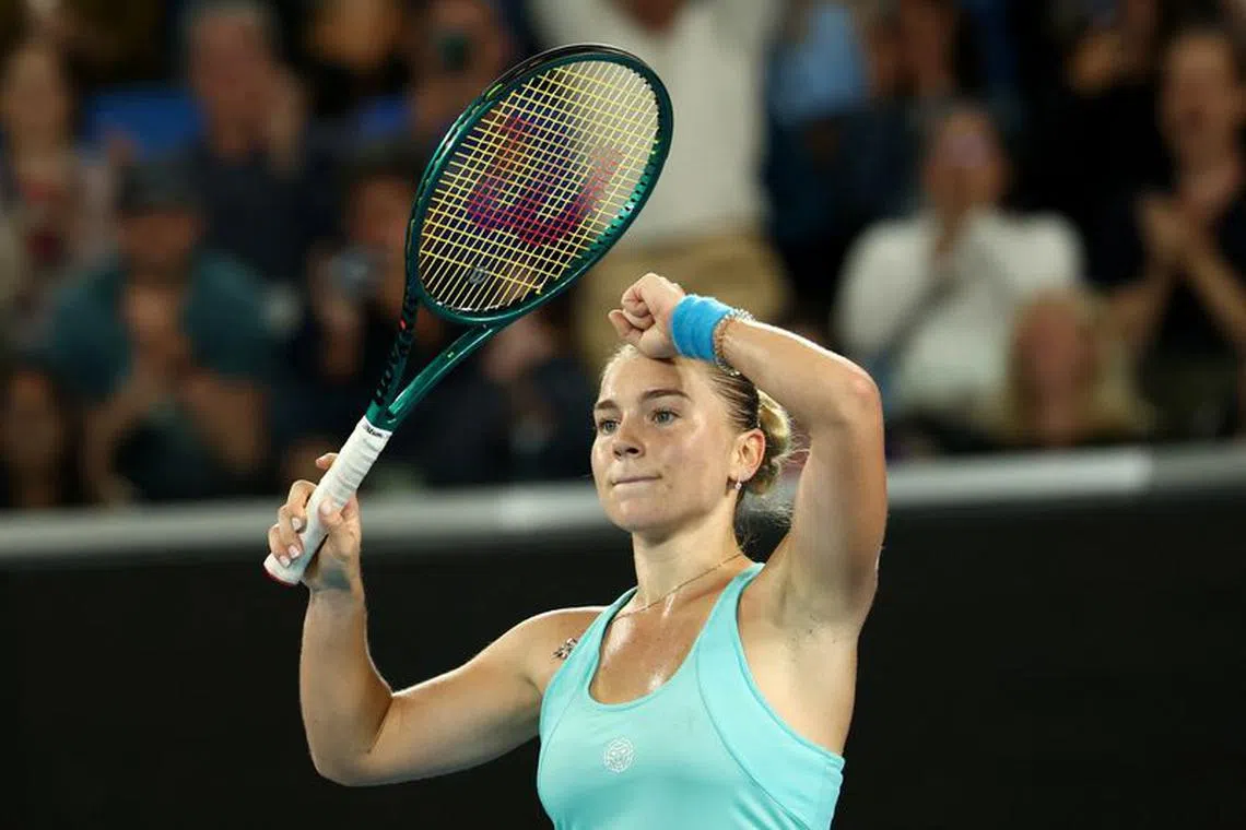 Tennis - Australian Open - Melbourne Park, Melbourne, Australia - January 19, 2024 Russia's Maria Timofeeva reacts after winning her third round match against Brazil's Beatriz Haddad Maia REUTERS/Eloisa Lopez