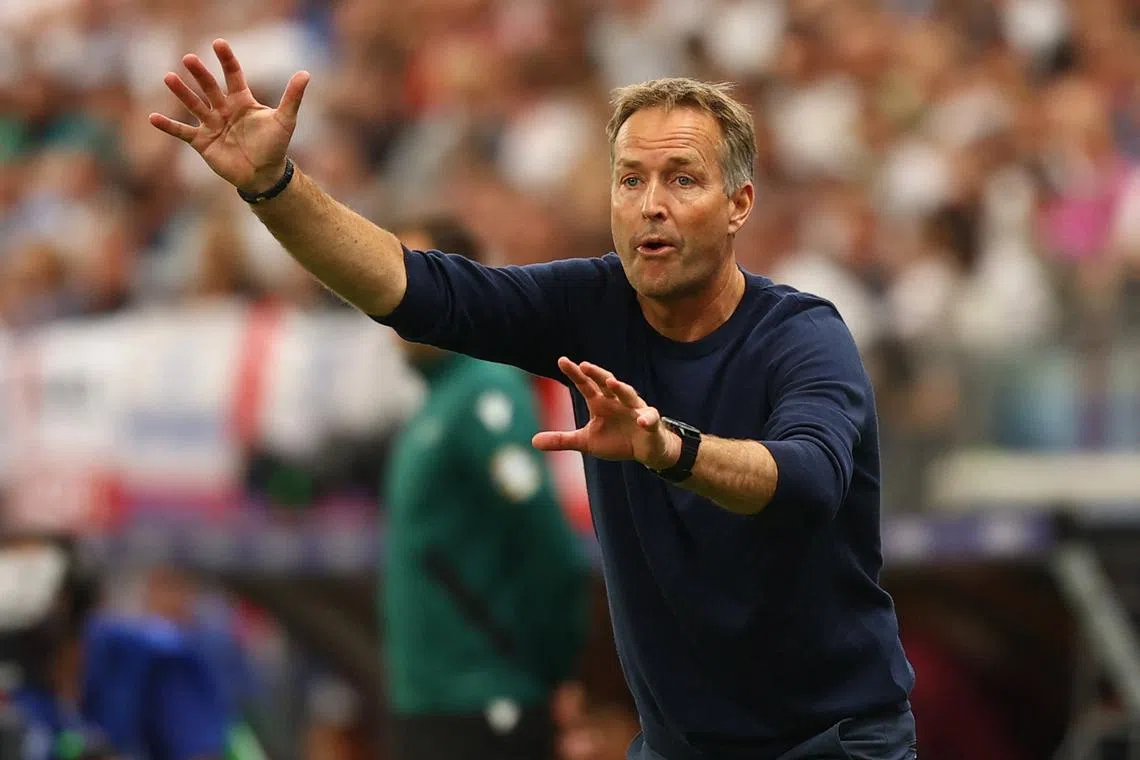 Soccer Football - Euro 2024 - Group C - Denmark v England - Frankfurt Arena, Frankfurt, Germany - June 20, 2024 Denmark coach Kasper Hjulmand reacts REUTERS/Kai Pfaffenbach