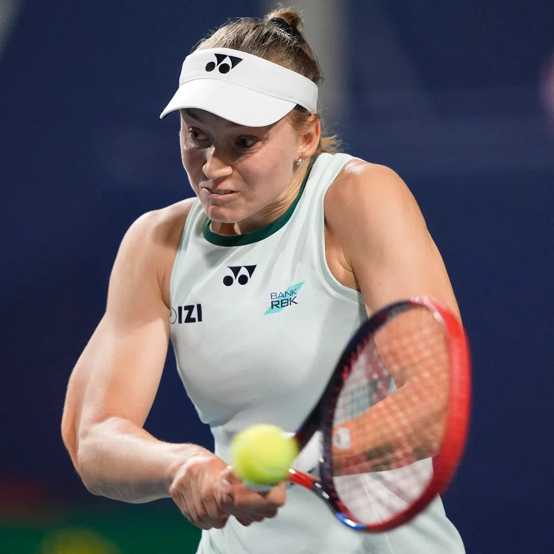 Aug 12, 2026; Toronto, Ontario, Canada; Elena Rybakina (KAZ) hits a ball to Coco Gauff (not pictured) during the semi finals at the National Bank Open at Sobeys Stadium. Mandatory Credit: John E. Sokolowski-Imagn Images