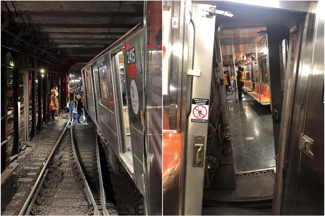 Twenty-four people were injured when a northbound 1 train moving at slow speed struck the work train, according to officials. 