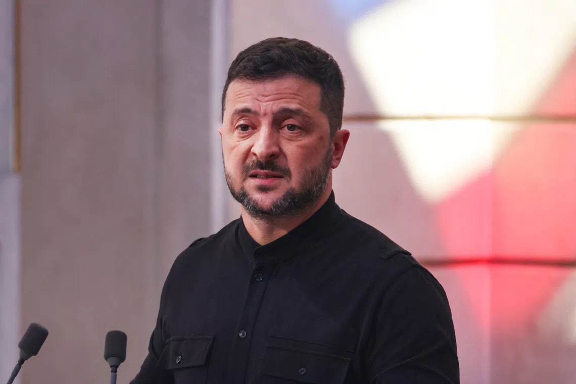 Ukraine's President Volodymyr Zelensky speaks during a press conference following the Coalition of the Willing Summit, at the Elysee presidential Palace, in Paris, France on September 4, 2025.  LUDOVIC MARIN/Pool via REUTERS/File Photo