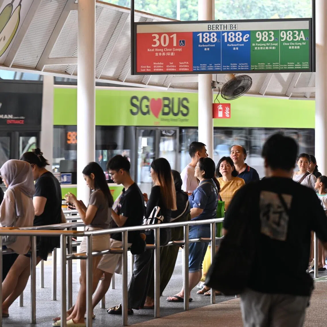 Generic photos of commuters at Choa Chu Kang bus interchange taken on Oct 12, 2025. Can be used for transport fare, cost of living, economy stories.