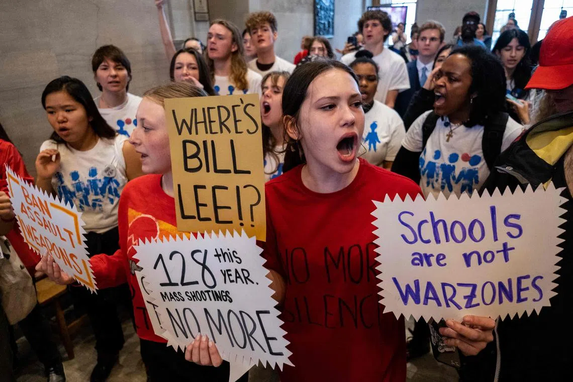 Protesters gather at the Tennessee State Capitol building to call for gun reform laws on April 6, 2023.