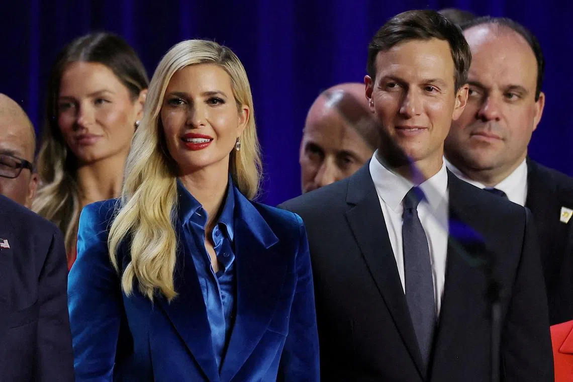 FILE PHOTO: Jared Kushner and his wife Ivanka look on as Republican presidential nominee and former U.S. President Donald Trump addresses supporters at his rally, at the Palm Beach County Convention Center in West Palm Beach, Florida, U.S., November 6, 2024. REUTERS/Carlos Barria/File Photo