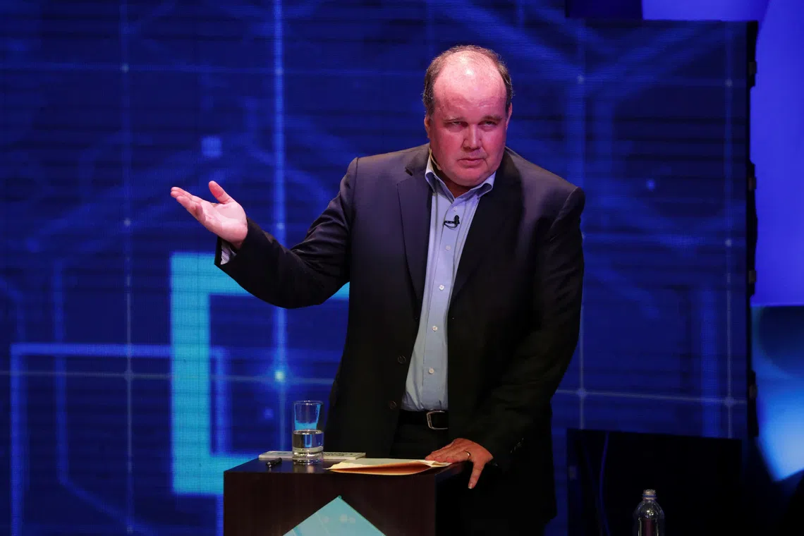Peru's presidential candidate Rafael Lopez Aliaga of Renovacion Popular party participates in a presidential candidates debate, in Lima, Peru March 31, 2021. REUTERS/Sebastian Castaneda/Pool/File Photo