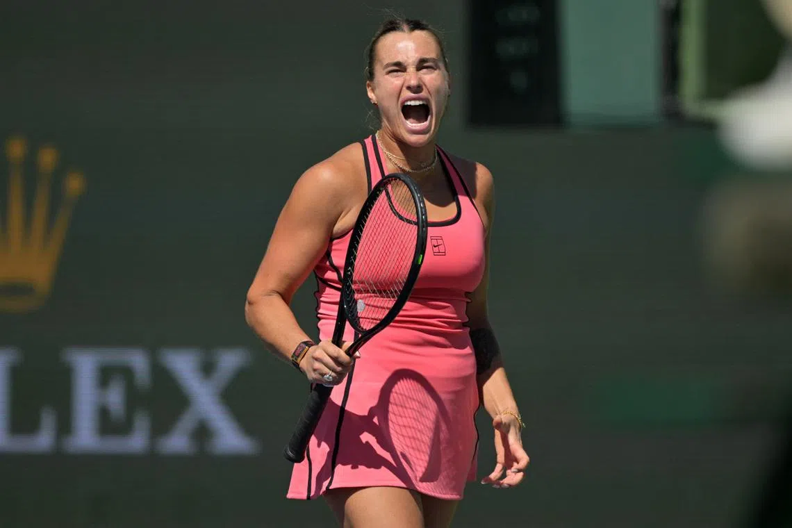 Mar 10, 2026; Indian Wells, CA, USA;  Aryna Sabalenka (BEL) reacts during her fourth round match defeating Naomi Osaka (JPN) in the BNP Paribas Open at the Indian Wells Tennis Garden. Mandatory Credit: Jayne Kamin-Oncea-Imagn Images