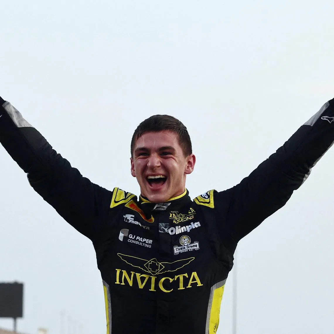 Formula One F1 - Qatar Grand Prix - Lusail International Circuit, Lusail, Qatar - November 30, 2025 Leonardo Fornaroli celebrates after winning the Formula 2 title. REUTERS/Jakub Porzycki