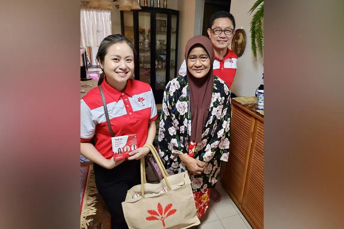 Ms Stella Stan Lee (left) and Mr Lawrence Pek met residents during a Progress Singapore Party walkabout in November.