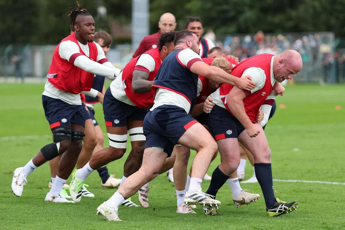 England players during a training session at the Stade Ferdinand Petit in northern France ahead of their Rugby World Cup opening clash against Argentina.