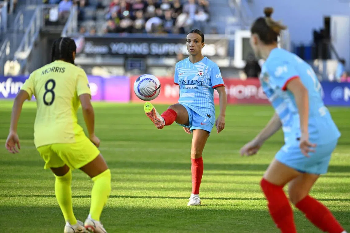 Chicago Red Stars forward Mallory Swanson controls the ball against the Washington Spirit in their NWSL game at Audi Field in Washington on Oct 20, 2024.