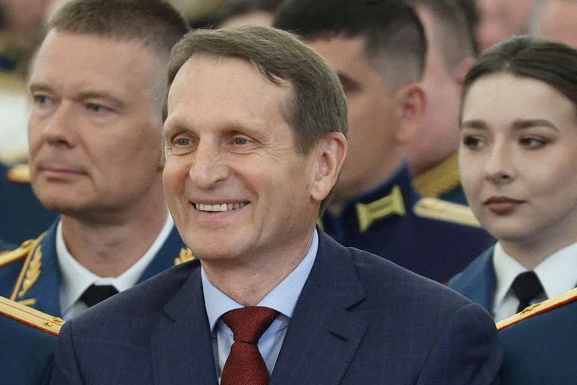 FILE PHOTO: Sergei Naryshkin, head of Russia’s foreign intelligence agency, attends a meeting of Russian President Vladimir Putin with graduates of the country's military higher education institutions at the Kremlin in Moscow, Russia June 21, 2023. Sputnik/Yegor Aleev/Pool via REUTERS/File Photo