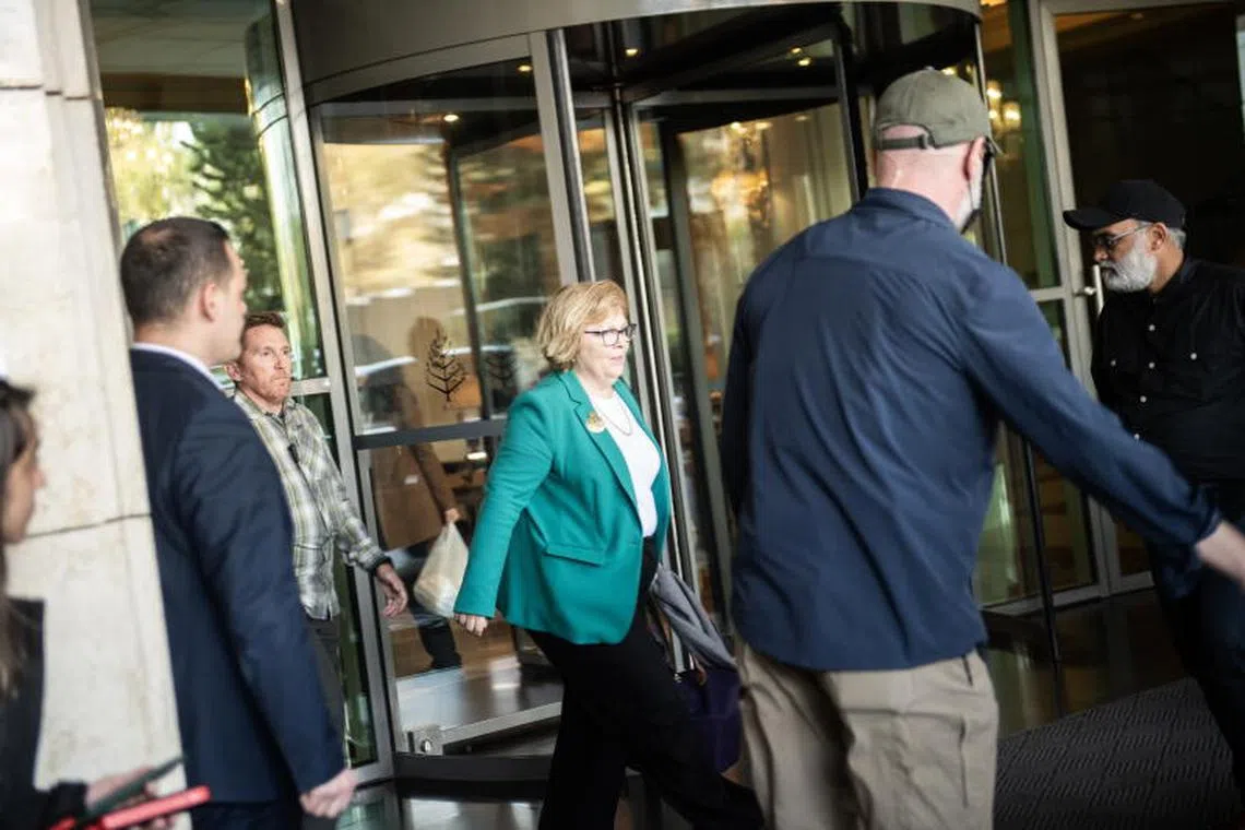 epa11786831 A delegation of US diplomats, including US Assistant Secretary of State for Near Eastern Affairs Barbara Leaf (C, in green), leaves a hotel in Damascus, Syria 20 December 2024, after opposition forces toppled president Bashar al-Assad. A delegation of US diplomats visiting Damascus is expected to meet with representatives of the new Syrian authority led by the Hayat Tahrir al-Sham (HTS), the main group in the rebel alliance. EPA-EFE/HASAN BELAL