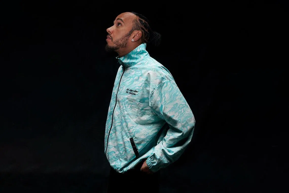 Lewis Hamilton in the Plus44 Marina Spaceport collection, done in collaboration with Singaporean pop artist Jahan Loh.