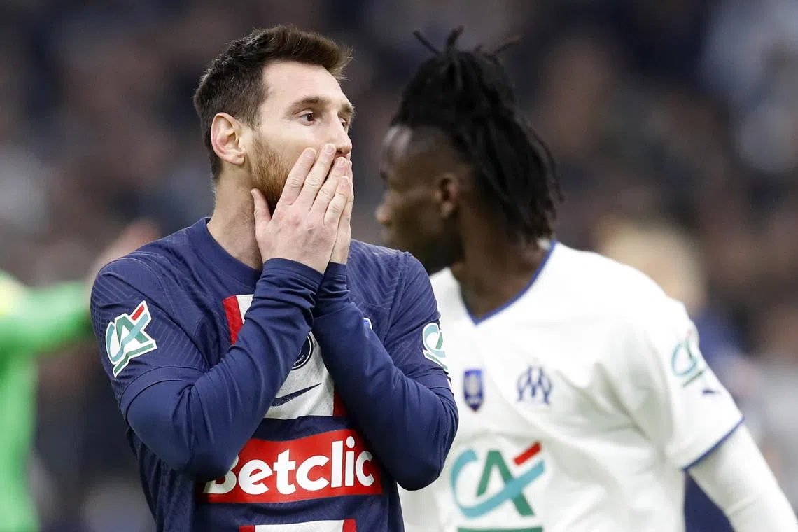 PSG's Lionel Messi reacts during his team's French Cup match against Olympique Marseille, which PSG eventually lost 2-1 away.