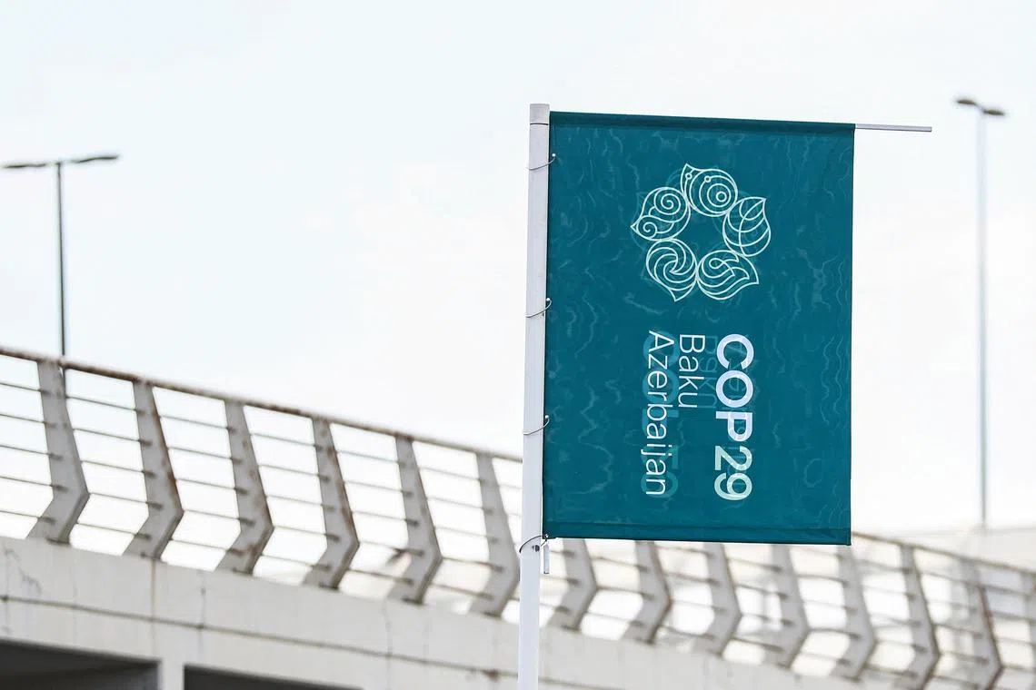 A view shows the flag with the logo of the COP29 United Nations Climate Change Conference in front of the Baku Olympic Stadium, the venue of the summit, in Baku, Azerbaijan September 19, 2024. REUTERS/Aziz Karimov/File Photo