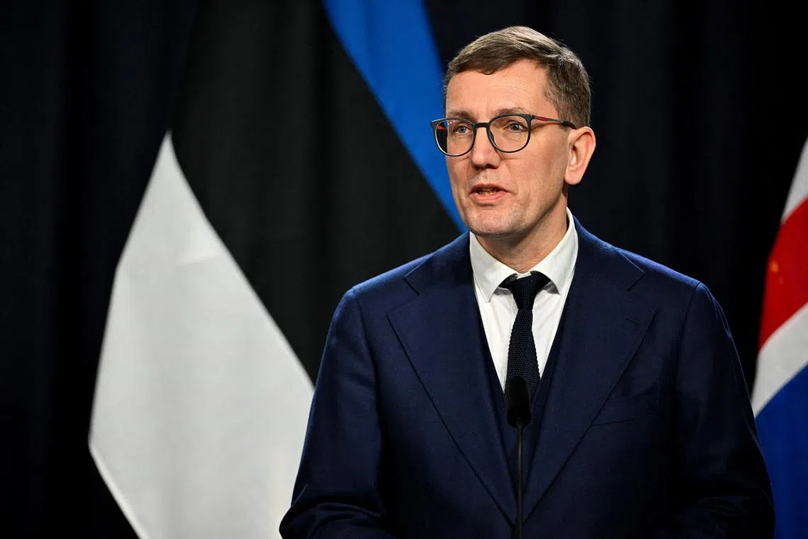 Estonian Prime Minister Kristen Michal speaks during Wednesday's summit at Harpsund, in Flen, Sweden, November 27, 2024. Henrik Montgomery/TT News Agency/via REUTERS