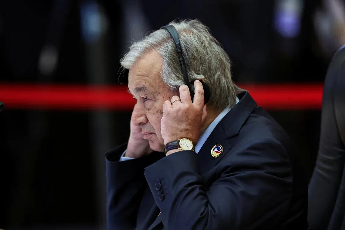 United Nations Secretary-General Antonio Guterres attends the 14th ASEAN-United Nations (UN) Summit at the National Convention Centre, in Vientiane, Laos, October 11, 2024. REUTERS/Athit Perawongmetha