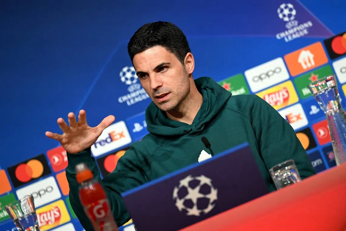 Soccer Football - Champions League - Arsenal Press Conference - Allianz Arena, Munich, Germany - April 16, 2024 Arsenal manager Mikel Arteta during the press conference REUTERS/Angelika Warmuth