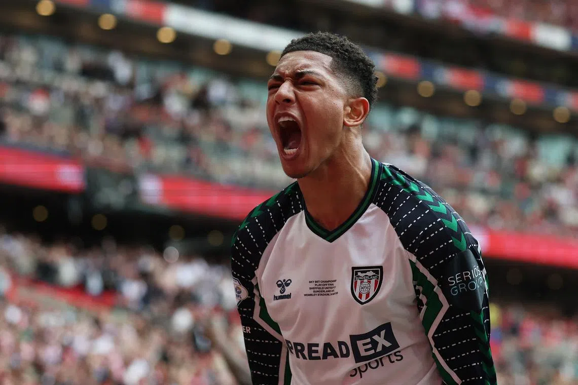FILE PHOTO: Soccer Football - Championship - Play-Off Final - Sheffield United v Sunderland - Wembley Stadium, London, Britain - May 24, 2025 Sunderland's Jobe Bellingham celebrates after Eliezer Mayenda scores their first goal REUTERS/Hannah Mckay/File Photo