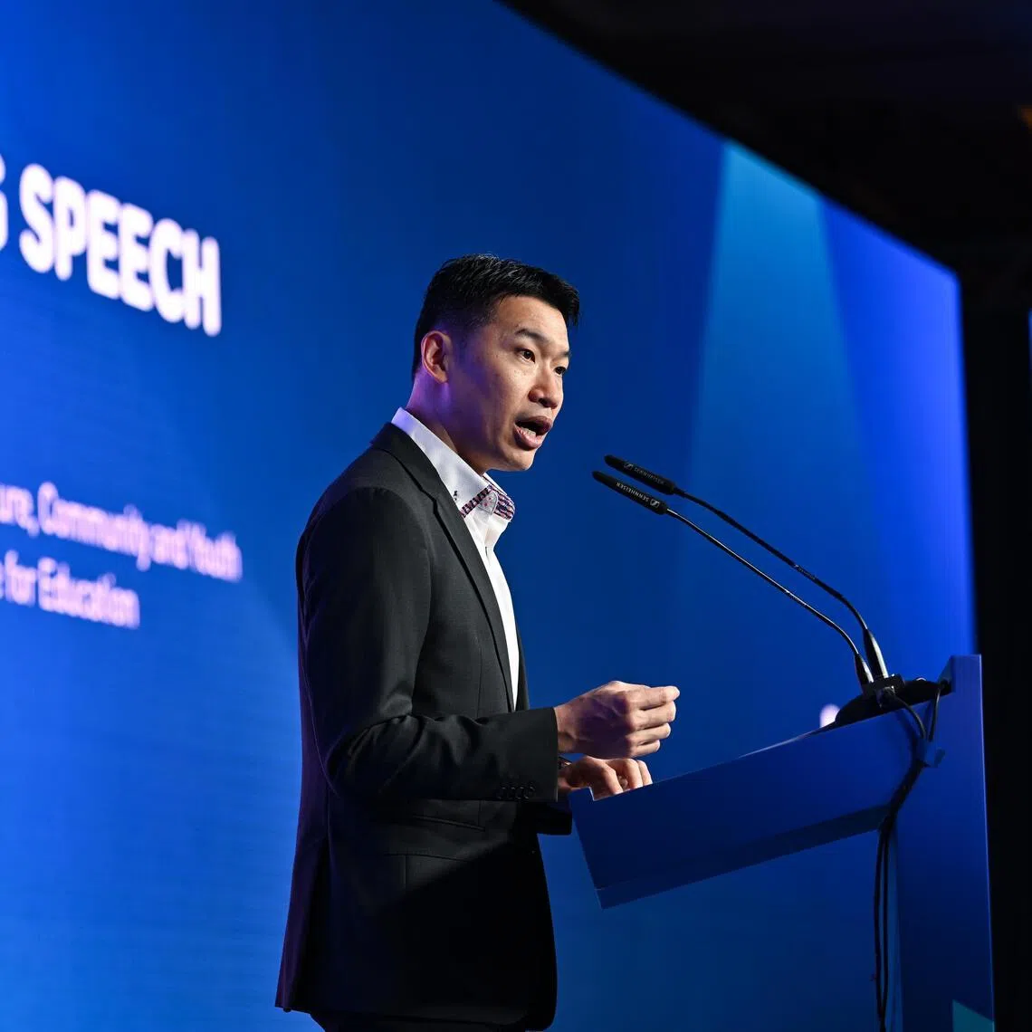 Senior Minister of State for Education David Neo delivering his opening speech at Sands Expo & Convention Centre on Jan 27.