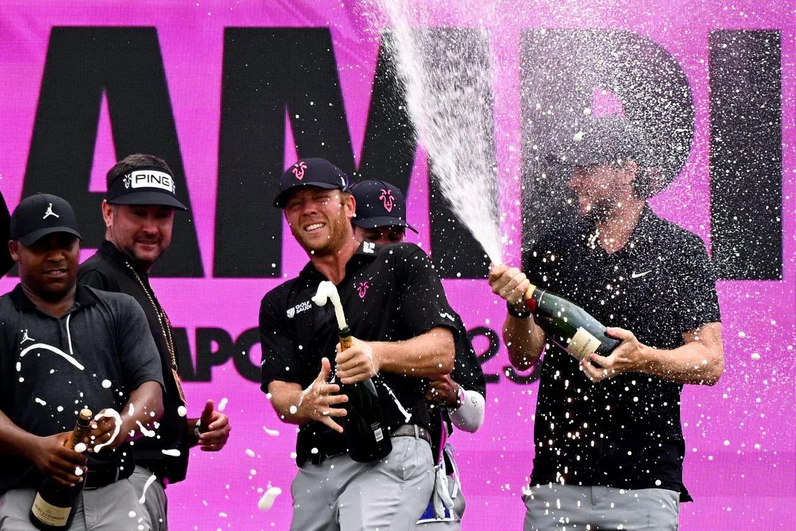 RangeGoats members Harold Varner III, Bubba Watson, Talor Gooch and Thomas Pieters celebrating after winning the team event of the LIV Golf Singapore on Sunday.