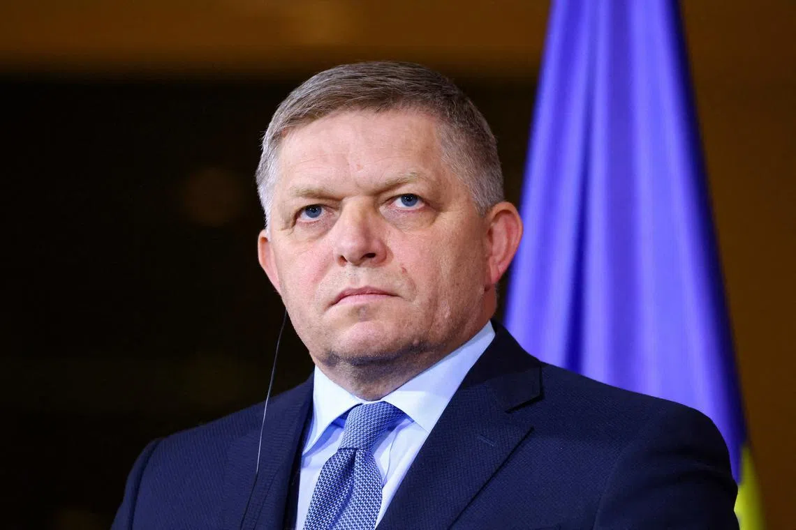 FILE PHOTO: Slovakia's Prime Minister Robert Fico looks on during a press conference with German Chancellor Olaf Scholz in Berlin, Germany, January 24, 2024. REUTERS/Nadja Wohlleben