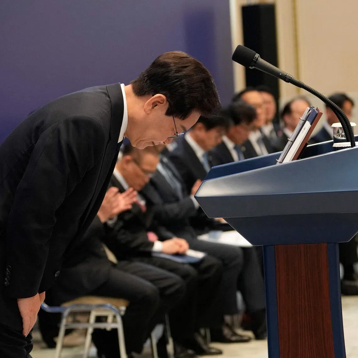 South Korean President Lee Jae Myung bowing during a press conference at the presidential Blue House in Seoul on Sept 18.