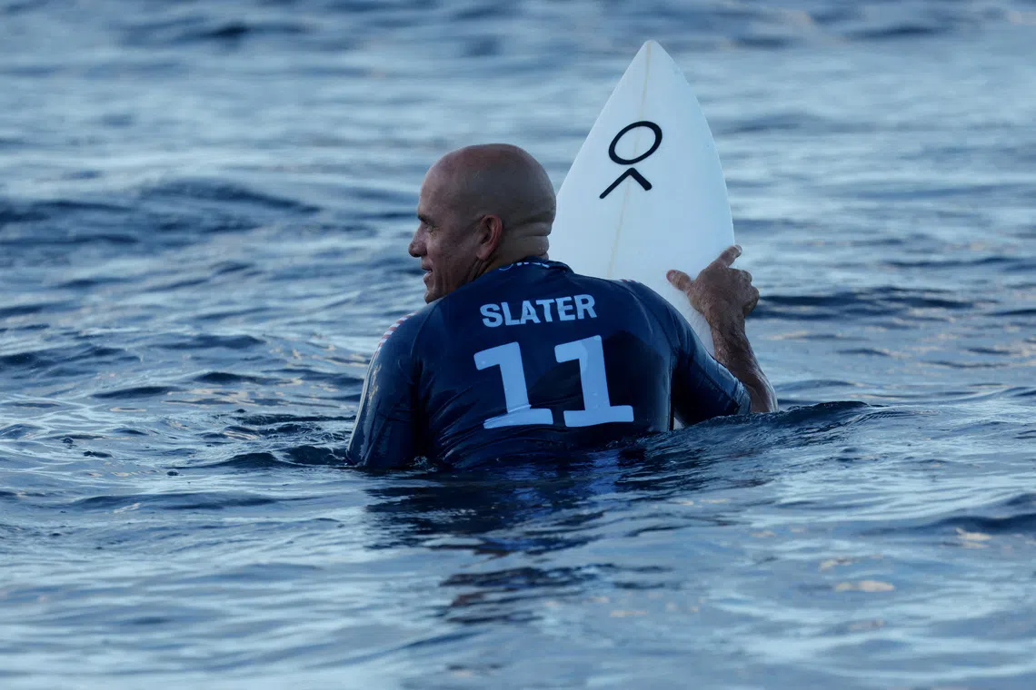 FILE PHOTO: Surfing - World Surf League - Tahiti Pro - Teahupo'o, Tahiti, French Polynesia - May 30, 2024  Kelly Slater of the U.S. during the round of 16 heat 1 REUTERS/Thomas Bevilacqua/File Photo