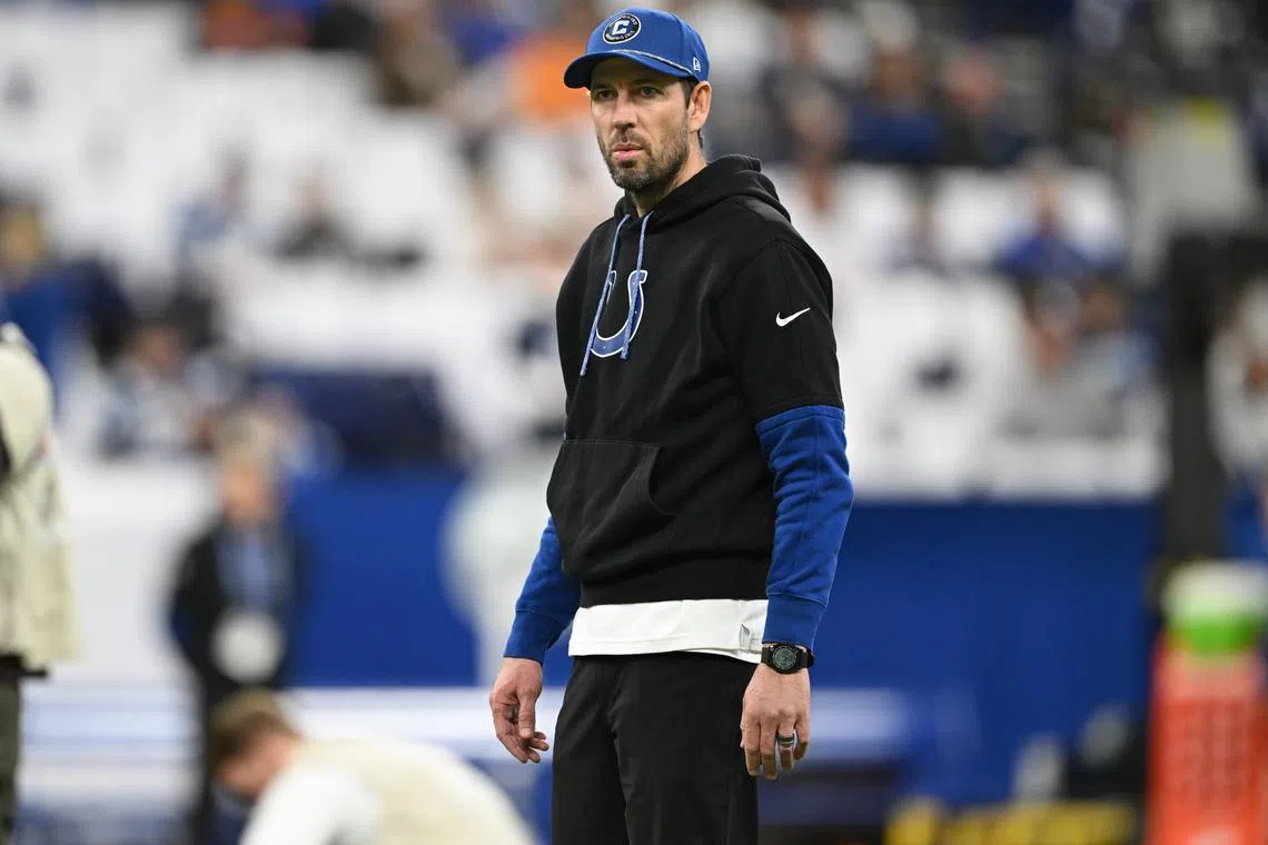 Dec 22, 2024; Indianapolis, Indiana, USA; Indianapolis Colts head coach Shane Steichen stands on the field during warm ups before the game against the Tennessee Titans at Lucas Oil Stadium. Mandatory Credit: Marc Lebryk-Imagn Images/ File Photo