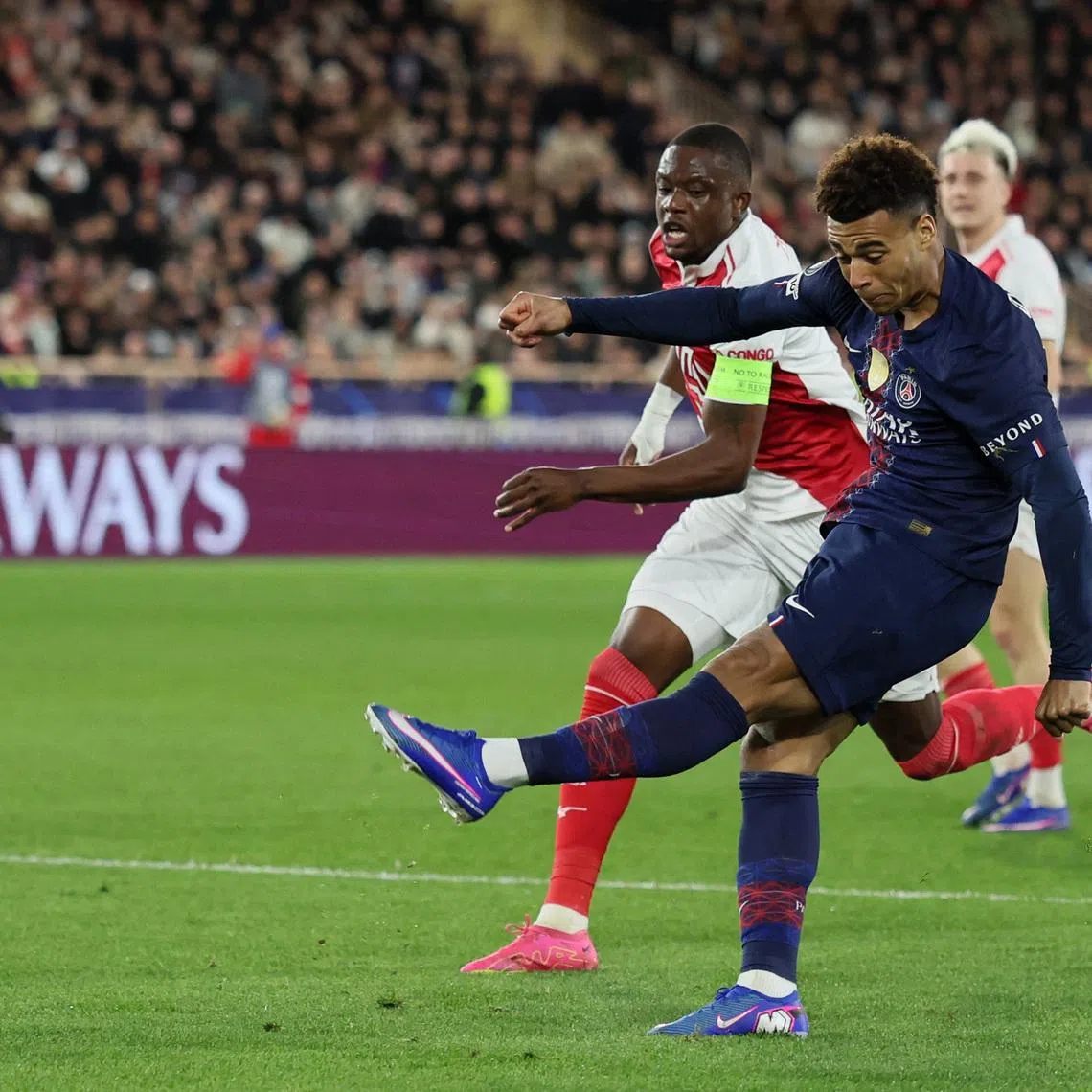 Soccer Football - UEFA Champions League - Play Off - First Leg - AS Monaco v Paris St Germain - Stade Louis II, Monaco - February 17, 2026 Paris St Germain's Desire Doue scores their first goal REUTERS/Alexandre Dimou