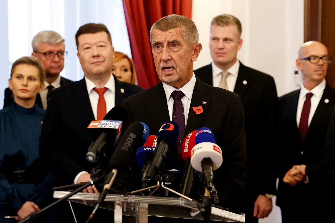 Leader of ANO party Andrej Babis speaks after leaders of ANO, SPD and Motorists parties signed a coalition agreement at the Czech Parliament in Prague, Czech Republic, November 3, 2025. REUTERS/David W Cerny