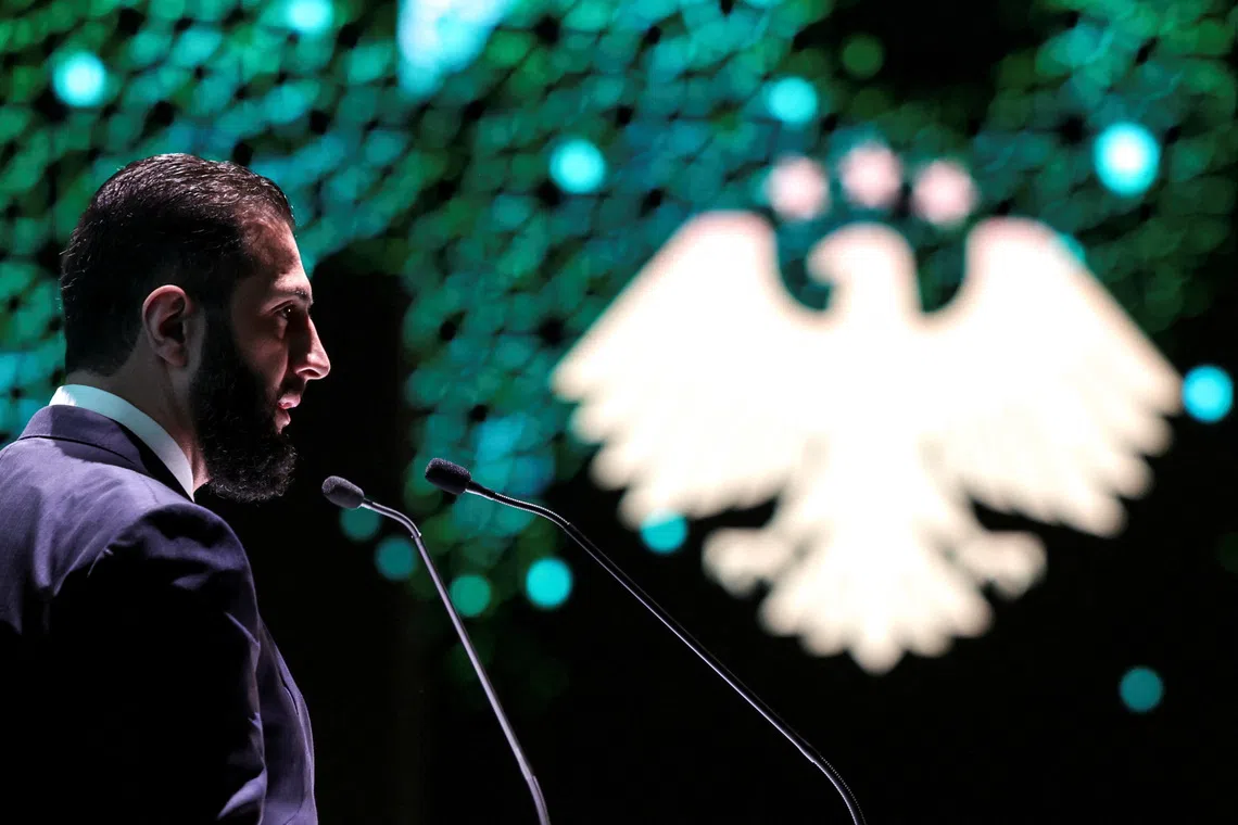 FILE PHOTO: Syrian President Ahmed al-Sharaa speaks at the opening ceremony of the 62nd Damascus International Fair, the first edition held since the fall of Bashar al-Assad’s regime, in Damascus, Syria, August 27, 2025. REUTERS/Khalil Ashawi/File Photo