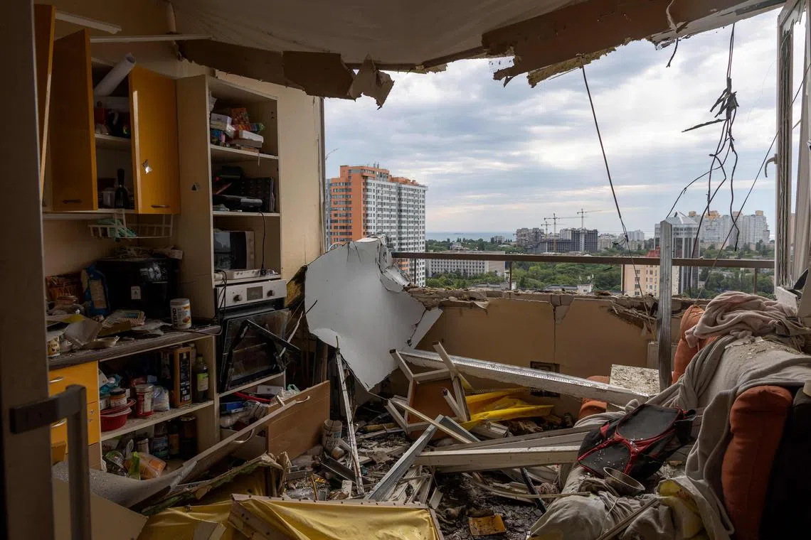 A apartment damaged by a Russian drone attack in the Ukrainian city of Odesa on June 20.