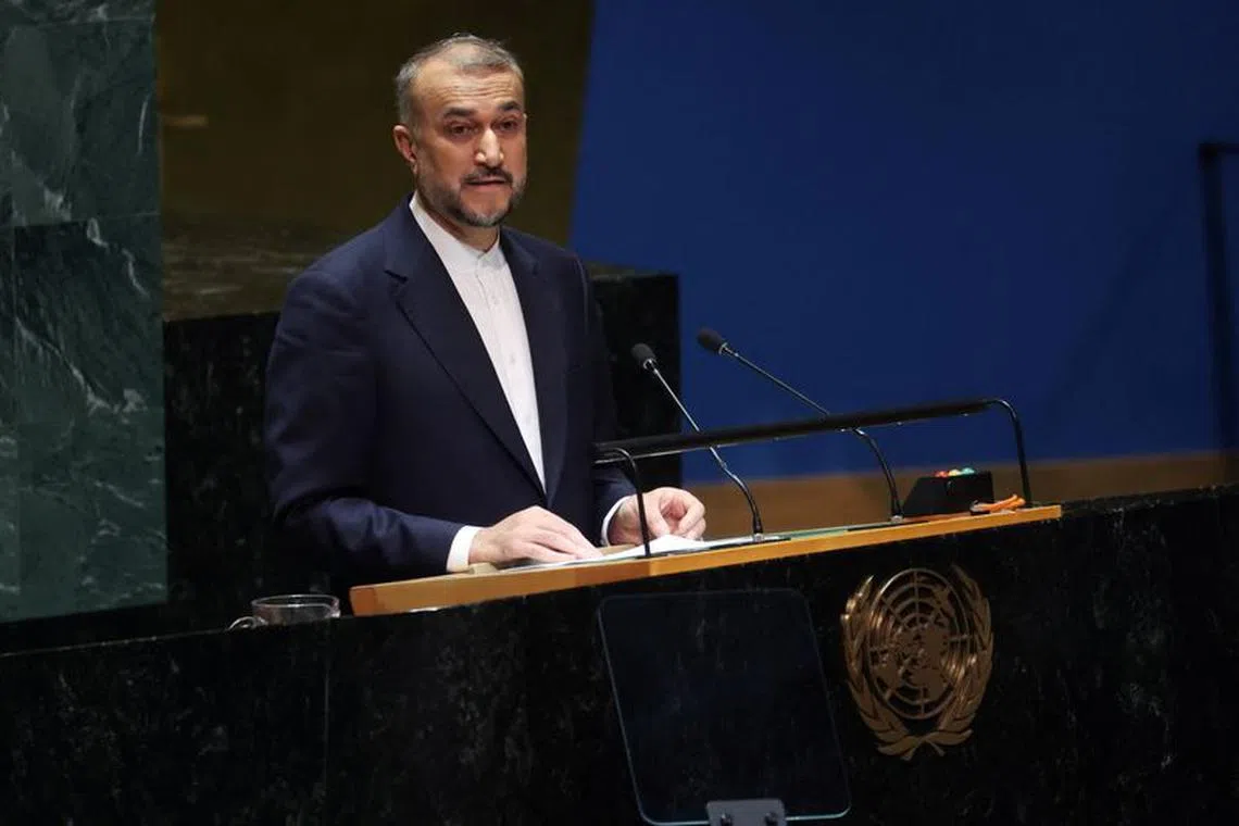 Iranian Foreign Minister Hossein Amirabdollahian speaks to an emergency special session of the United Nations General Assembly on the ongoing conflict between Israel and Hamas at U.N. headquarters in New York City, U.S., October 26, 2023. REUTERS/Mike Segar
