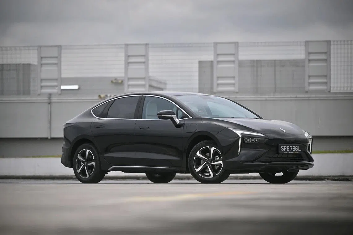Interior and exterior of the JMEV Elight electric sedan, on Sep 30, 2025.