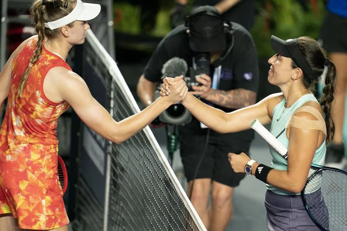 Oct 29, 2023; Cancun, Mexico;  Jessica Pegula (USA) shakes hands with Elena Rybakina (KAZ) after their match  on day one of the GNP Saguaros WTA Finals Cancun. Mandatory Credit: Susan Mullane-USA TODAY Sports
