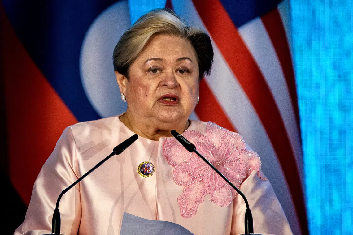 FILE PHOTO: Philippines Foreign Secretary Theresa Lazaro speaks during the signing ceremony for the Treaty of Amity and Cooperation in Southeast Asia (TAC) at the Philippine International Convention Center on July 24, 2026 in Pasay, Metro Manila, Philippines.  Ezra Acayan/Pool via REUTERS/File Photo
