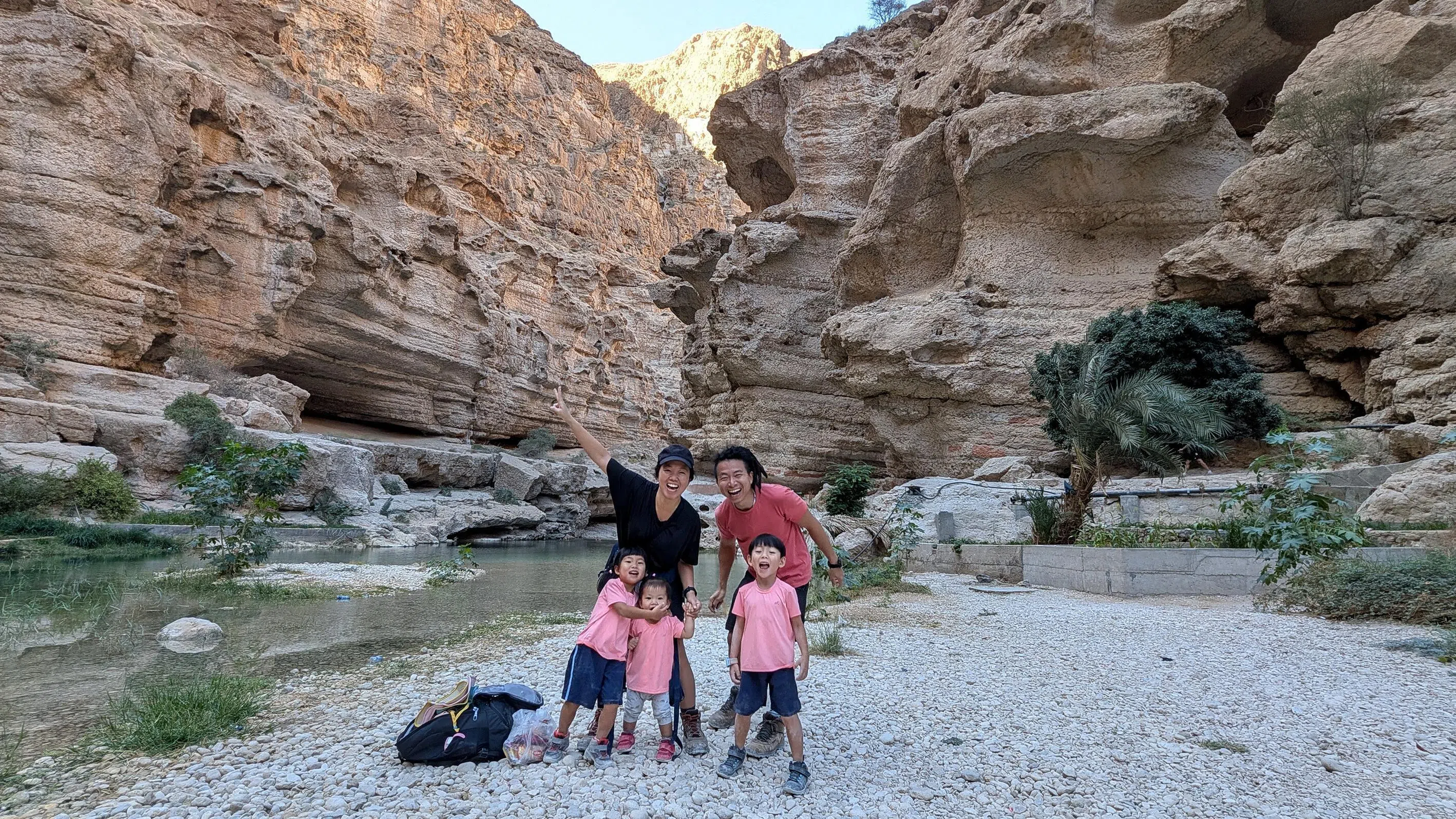 In the first month of their trip, the family visited the desert in Oman.
