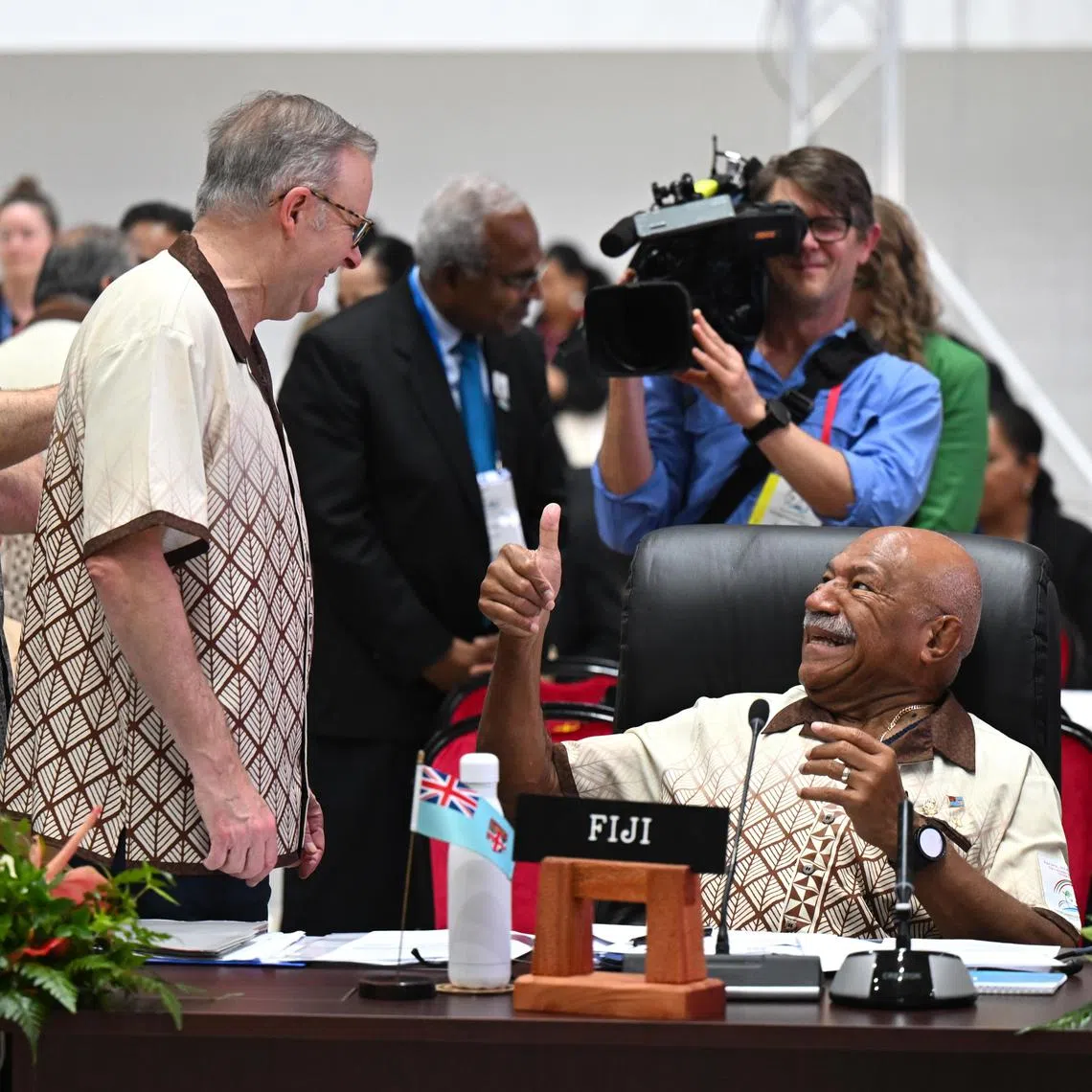 Australian PM Anthony Albanese speaking to PM of Fiji Sitiveni Rabuka at the 53rd Pacific Islands Forum Leaders Meeting in Nuku’alofa, Tonga, on Aug 28. 