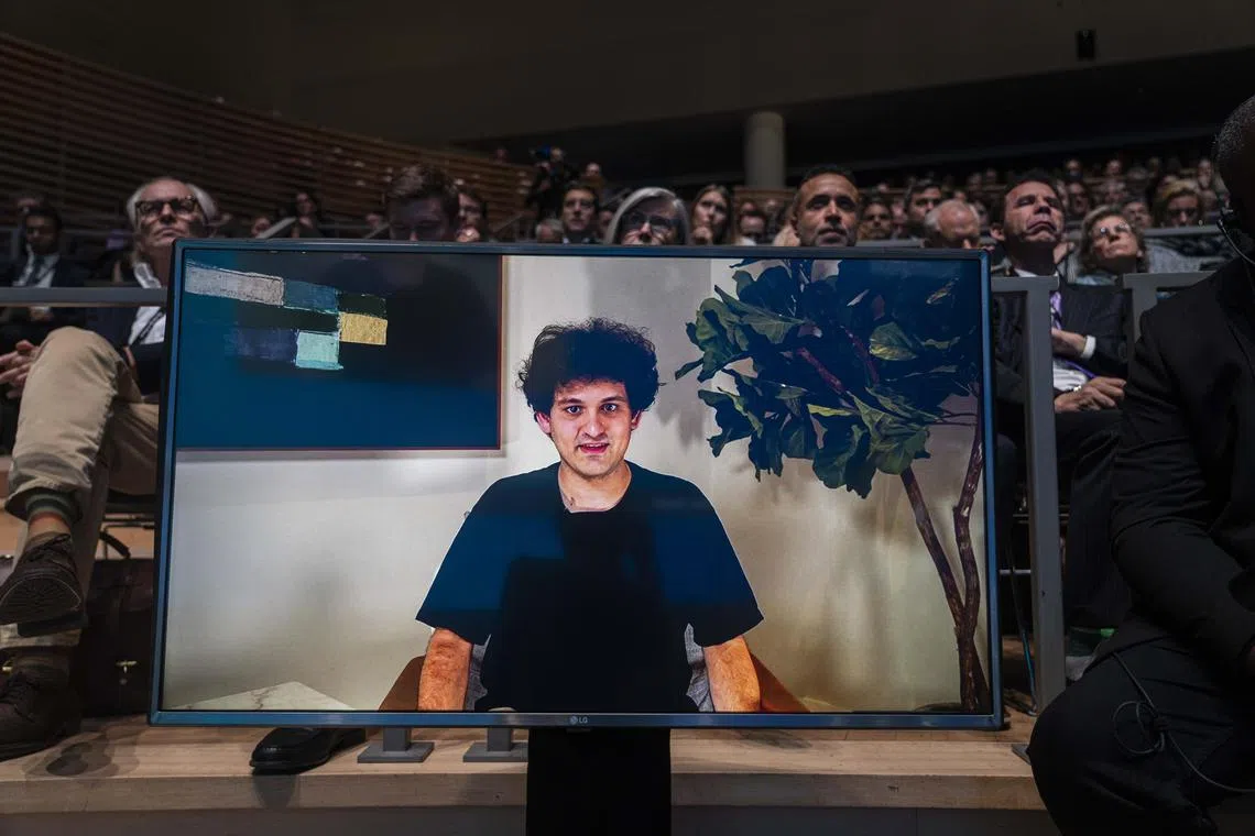 FTX founder Sam Bankman-Fried appears virtually at The New York Times’ DealBook Summit 2022 on Wednesday, Nov 30, 2022. Speaking via a video feed from the Bahamas, Mr Bankman-Fried was making his first public appearance since his US$32 billion crypto exchange collapsed earlier this month.