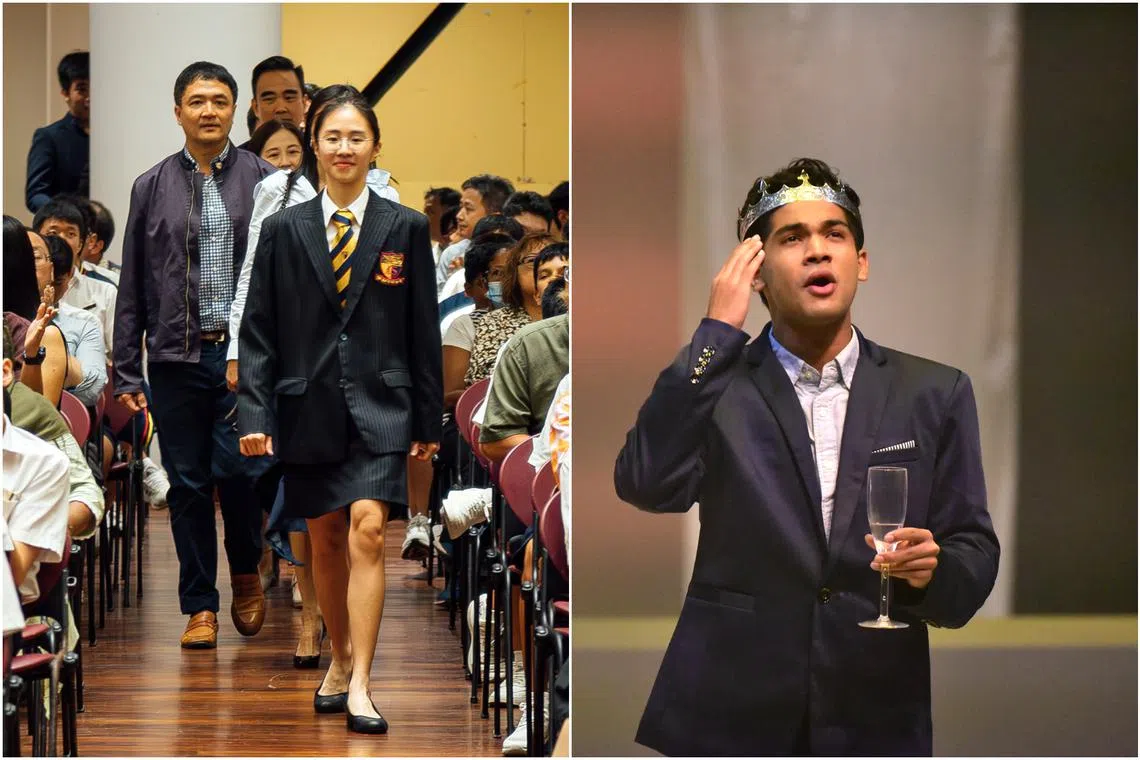 ACS (I) student Belle Phang (left) clinched a perfect score of 45 for the IB exams in November, and Sota student Dharshan Kumar (right) hopes to enrol in a drama school in Britain.