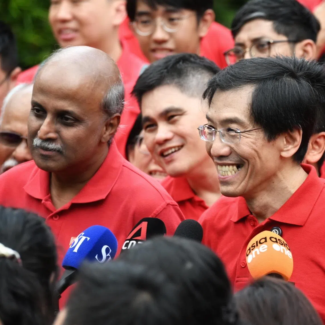 Dr Paul Tambyah (left) and Dr Chee Soon Juan from SDP speaking to the press at Woodlands Mart on March 23.