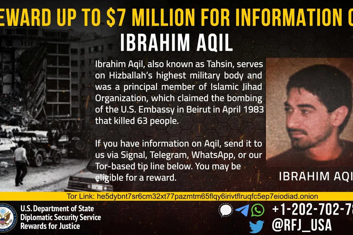 An undated photograph of Ibrahim Aqil, who serves on Hezbollah's top military body as a senior commander according to two security sources in Lebanon and the Israeli Army Radio, appears on a wanted poster circulated by the U.S. Department of State's Diplomatic Security Service entity \"Rewards for Justice\".    U.S. State Department/Handout via REUTERS