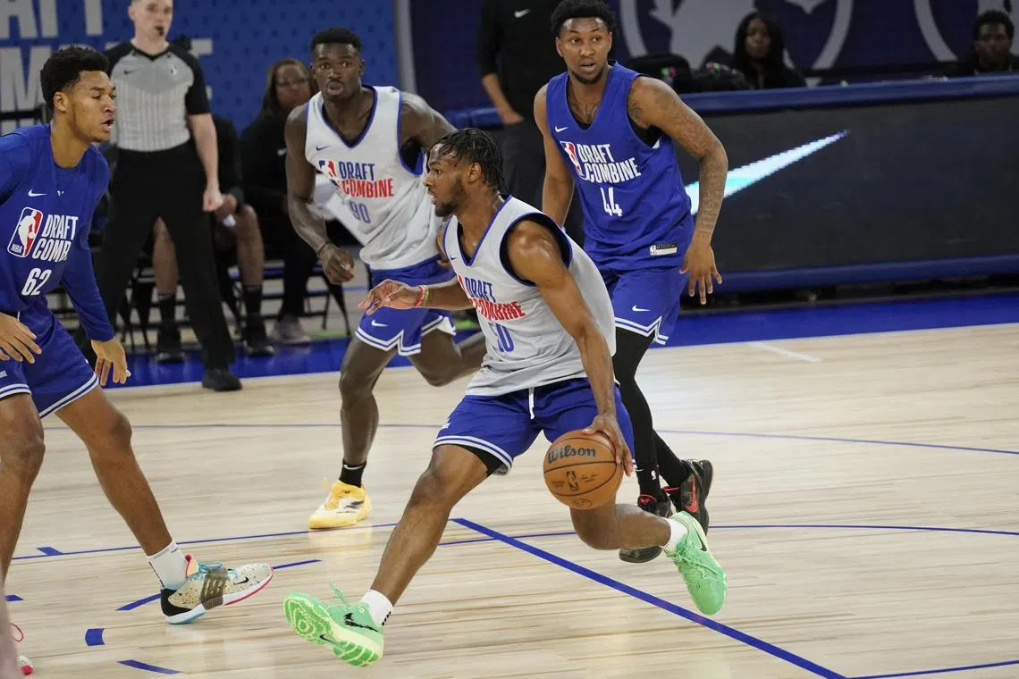 Bronny James during the 2024 NBA Draft Combine at Wintrust Arena.